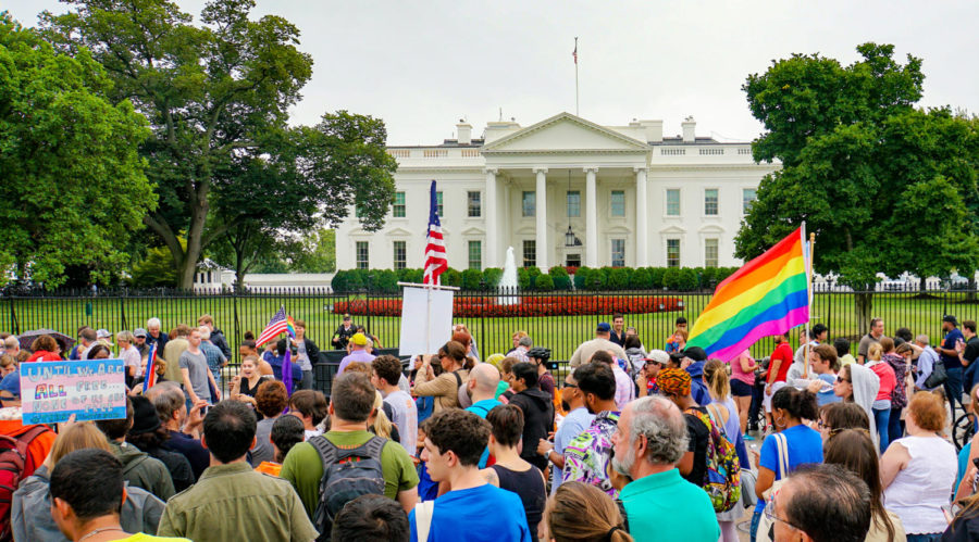 A perennial protest | Protestors gather outside the White House in 2017 after the Trump administration’s reversal of an Obama-era policy that allowed transgender people to openly serve in the military.