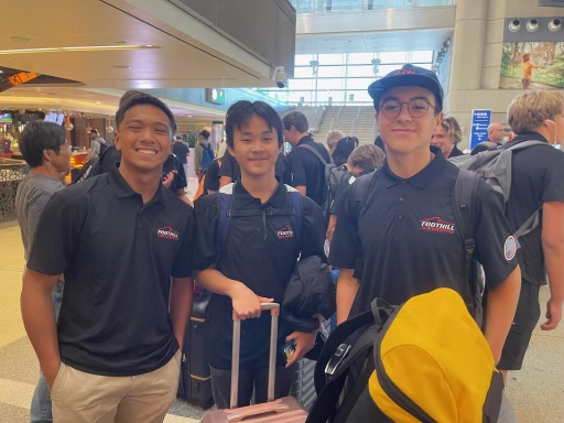 From left to right, Seniors Gabriel Dee, Kevin Tseng and Andres Sanchez prepare to leave Los Angeles
International Airport (LAX) for water polo coaching in Greece. Dee said, “I was feeling very nervous yet excited about going to Greece, as I wanted to see the unique style of water polo played and instructed by the coaches. Additionally, the joy of knowing that I would at least have the chance to train with my friends made me feel a little better.”