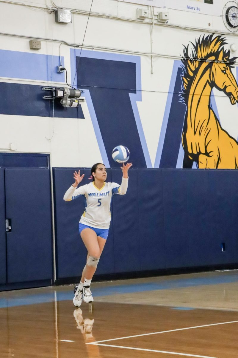 Junior outside hitter Caylin Caballero releases the ball to serve toward the opposing team.