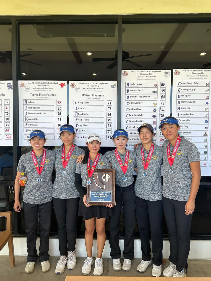 Members+of+the+varsity+girls+golf+team+pose+for+a+photo%2C+following+their+second+place+finish+in+round+three+of+CIF.+