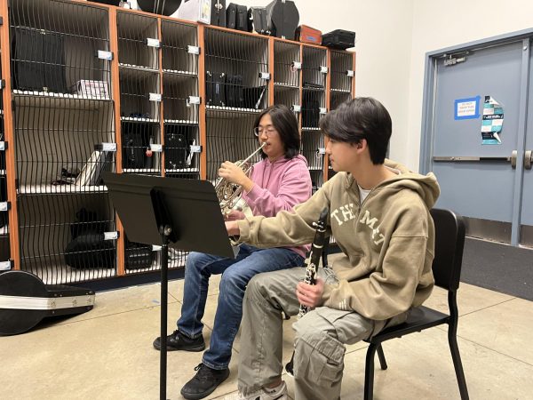 Pit orchestra musicians sophomore Keegan Beecher and senior Kyle Kim practice for the upcoming spring musical.