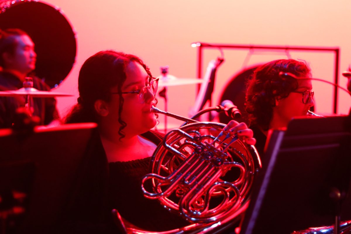 Freshman Melanie Lopez plays the French Horn at the annual Movie Musicals concert.