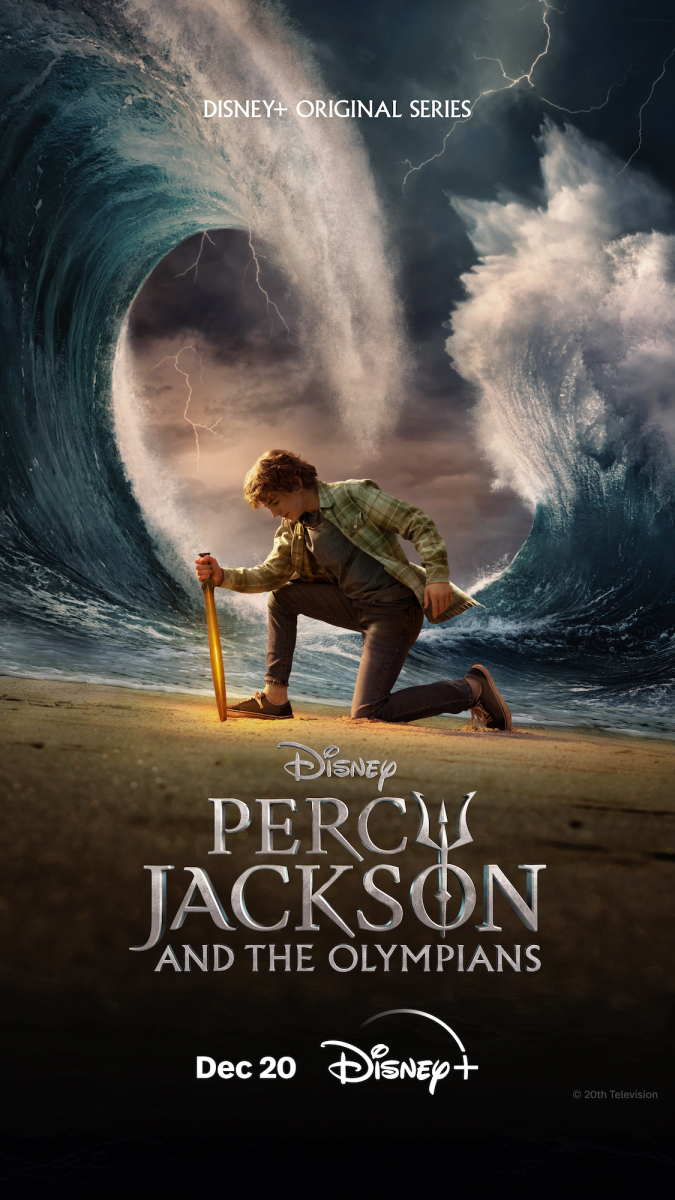 The promotional campaign poster for Percy Jackson and the Olympians features Percy holding his sword, “Anaklusmos,” also known as “Riptide” as he parts the ocean