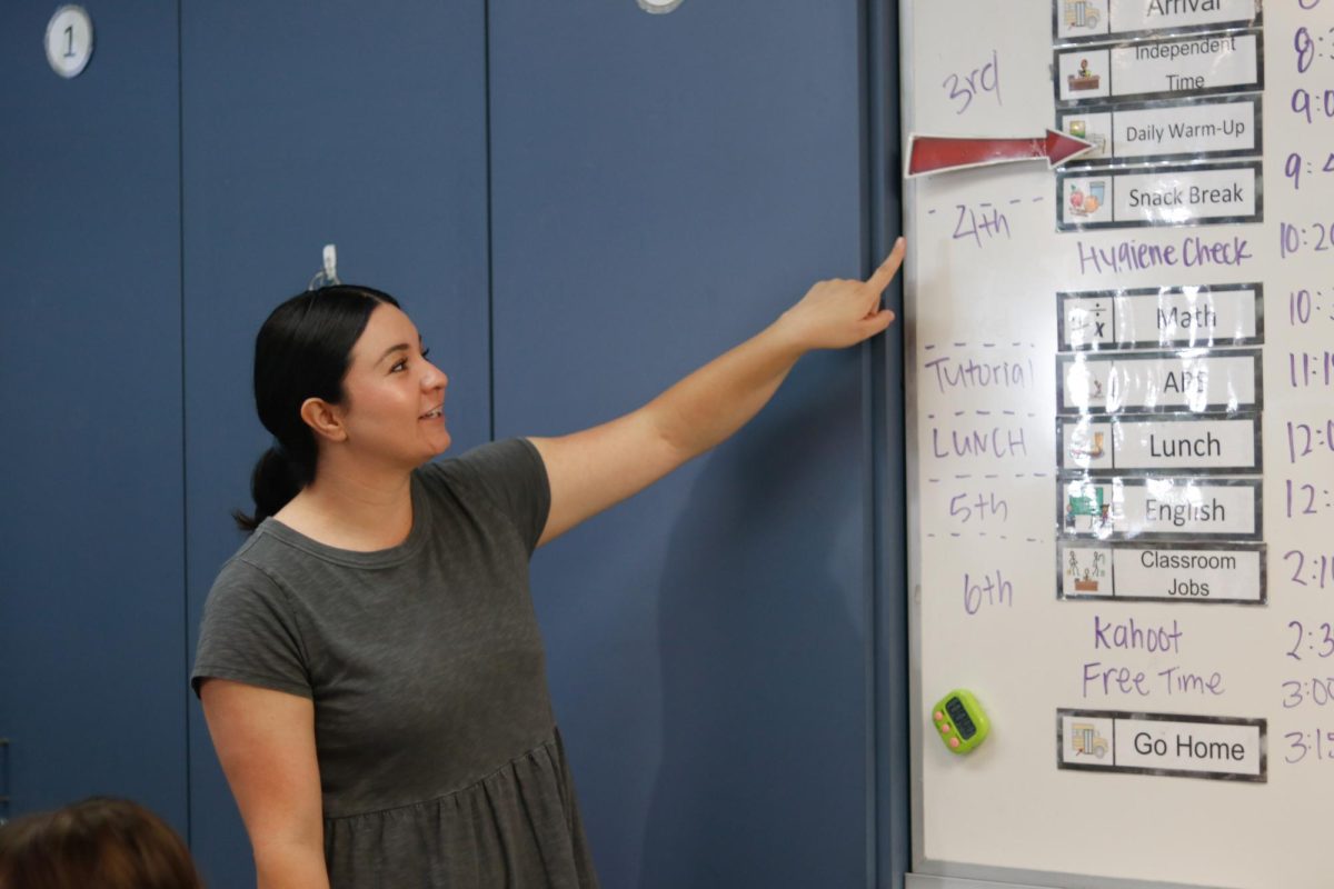 Room Routine | Ms. Montoya goes over her Special Education classes’ plans for the day. She tries creating a flexible school environment for her students. “There can be a lot of different schedules going on, because sometimes the kids go out to PE or they can have other classes. Some kids might get upset and then they have other people who help them. I would say it’s really busy but also really fun,” Montoya said.