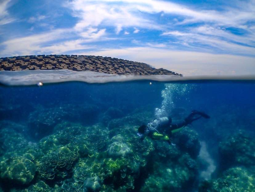 Senior Jerry Lu searches to pick up trash while scuba diving in Taiwan. 