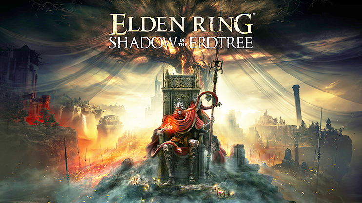 Featured above is a promotional poster for "Elden Ring: Shadow of the Erdtree" containing the main character, Miquella, seated on a grand throne holding an ornate staff. 