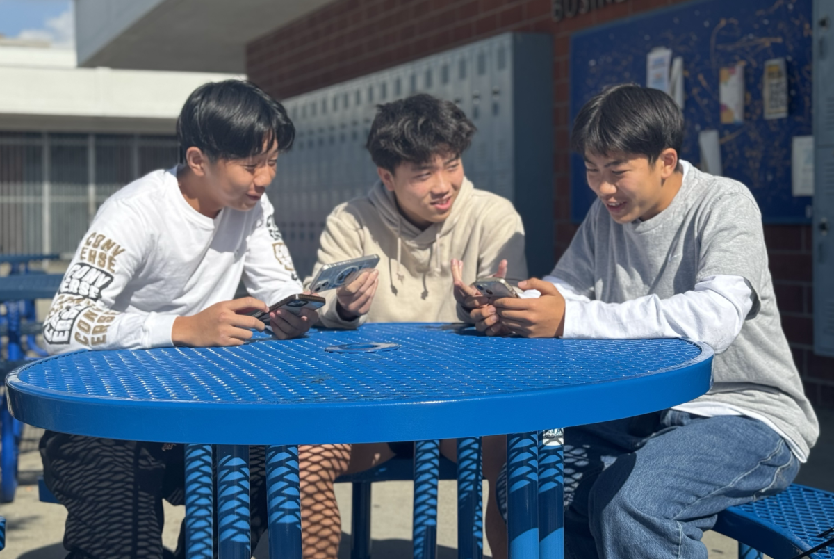 Sophomores Leon Lee, Timmothy Chen and Lucas Lim debate about who has the better fantasy team. “I think this is the most fun game ever, and I had just drafted the best team of all time,” Lee said. 