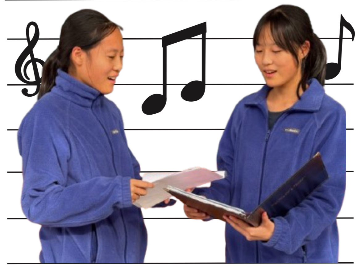 Chamber Choir singers and twins Judy Huang (left) and Tracy Huang rehearse their sheet music. 