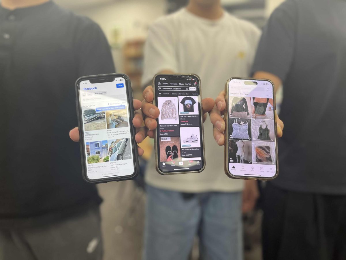 Three students use various social media shopping platforms, such as Facebook Marketplace, TikTok Shop and Instagram Marketplace, to search for clothing discounts. 