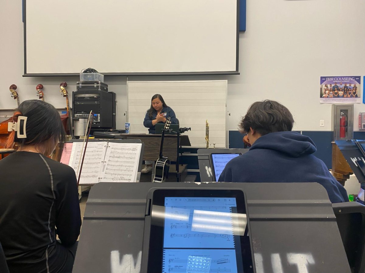 Pit Orchestra practices sheet music for "The SpongeBob Musical" during their rehearsal. 