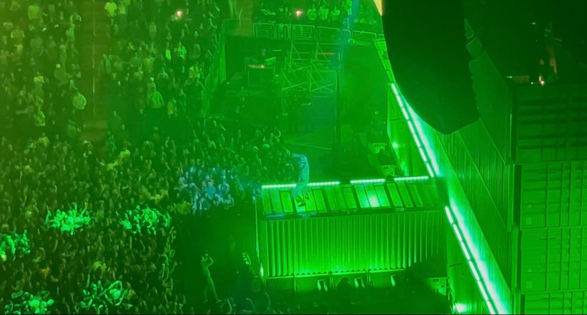 The Crypto.com Arena shines in green, the signature color of "CHROMAKOPIA," as Tyler, the Creator performs.