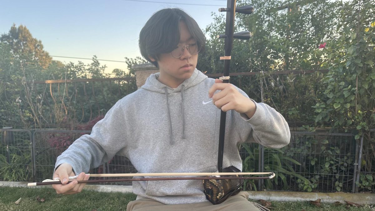 Junior Thompson Lee practices his erhu in his backyard.