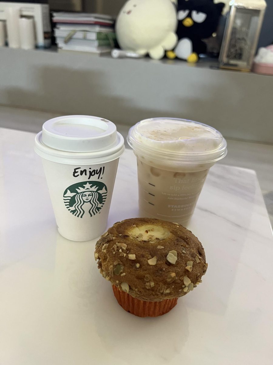 From top left clockwise is Starbuck's Pecan Oatmilk Cortado, Iced Pumpkin Cream Chai Tea Latte and Pumpkin Cream Cheese Muffin.