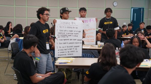 From left to right: Soccer player senior Isaiah Castaneda and baseball player senior Conner Salazar along with students from Diamond Bar share their ideas with others on a scenario involving a serious topic. “They made us become more aware. We were more aware of what to look for or what to look out for, just in case something like this were to happen,” Salazar said.  