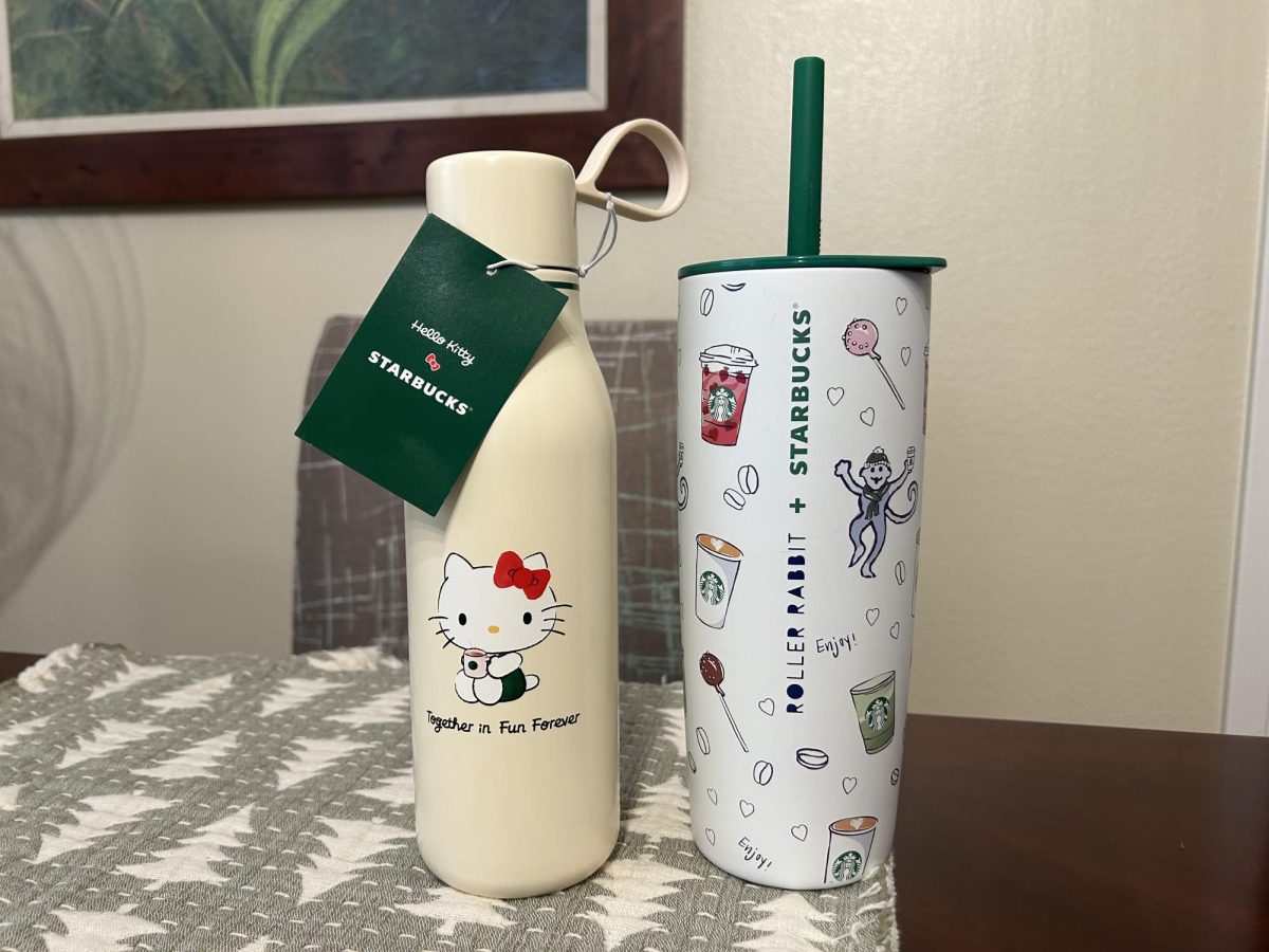 From left to right above is the Starbucks Hello Kitty ceramic water bottle and Roller Rabbit ceramic cold cup. 