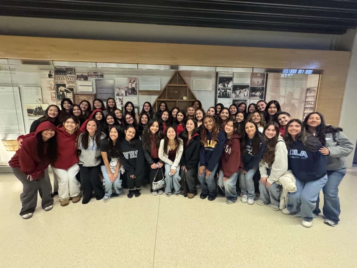 The volleyball program poses for a group photo at the stadium.  
