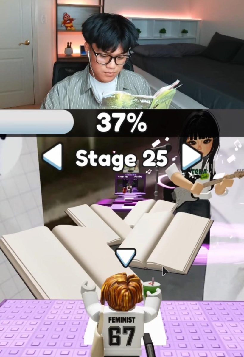 Junior Noah Tiongco causally reads a novel while playing his Roblox game, PERFORMATIVE OBBY, playing the part of the trending performative male persona.