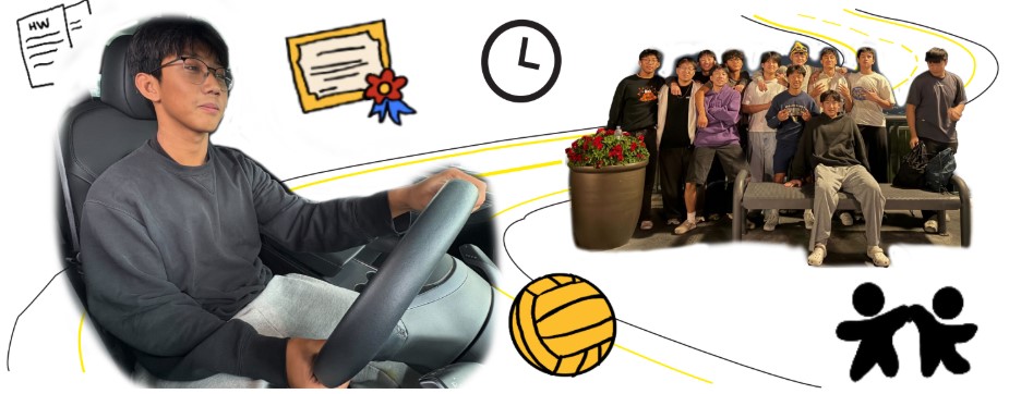 In motion | From changing strategy with his teammates for water polo to changing lanes on his way home, junior Zike Yu drives home after a long day of practice and school. He glances at his navigation app, showing him the long route home he has to drive, making sure to keep his eyes focused on the road as he thinks about his assignments. “Because I have to come over here from really far away, I don’t really have time to do [extracurriculars or activities],” Yu said. 