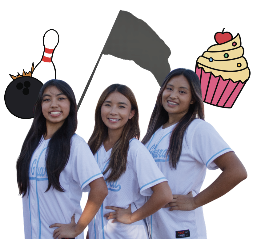 Tossing the flag to the rhythm | From left to right, co-captain seniors Jasmine Ting, Giselle Lee and Olivia Tecson adjust to their roles before band camp. “The people [in Color Guard] made me love it. I learned to immerse myself in the sport and got better [in the process],” Lee said. 