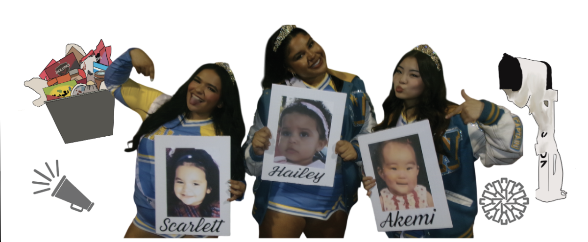 Cheering on the crowds | From left to right, captain seniors Scarlett Montoya, Hailey Thompson and Akemi Ike hold their signs up at their last football game for Senior Night. “I was sad because it was my last game, but I’m happy that the underclassmen gets to experience it next year,” Thompson said. (Photo courtesy of Hailey Thompson)