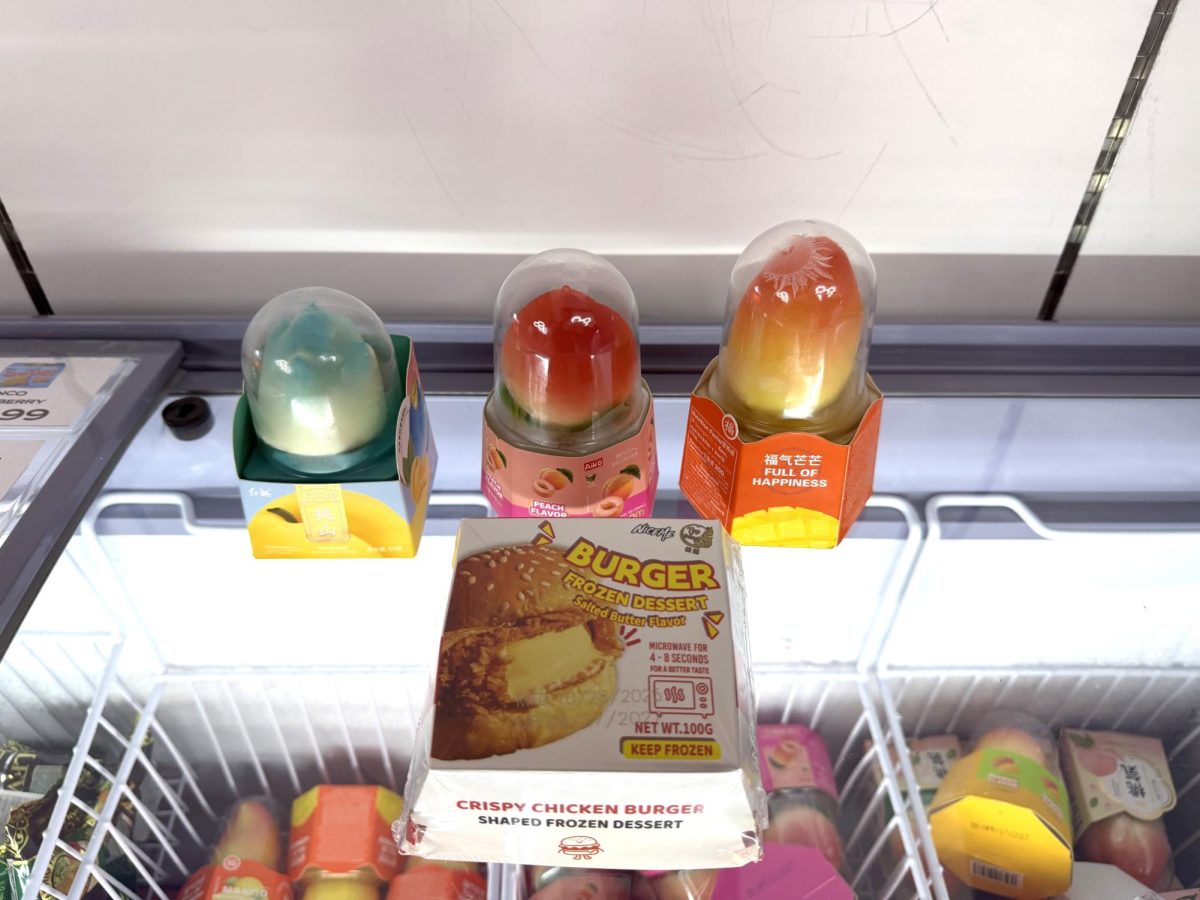 Counterclockwise from top left are "Propitious Fruit's" blue mountain, strawberry and mango and "Nice Me's" burger ice creams.