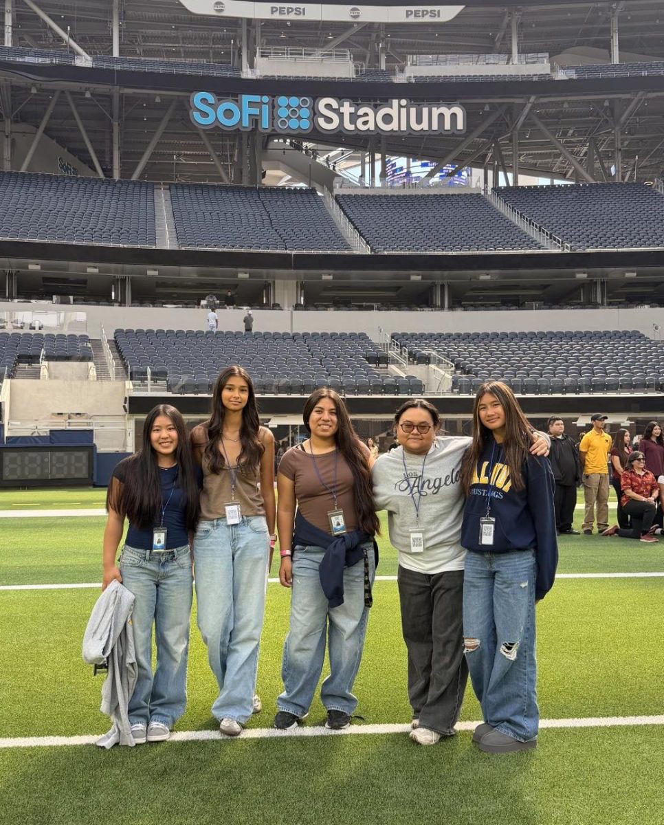 CTE Sports Medicine Pathway students from left to right, freshmen Audrey Ochi, Isabella Roman,  Bella Fernandez, Giada Hechanova and Diana Dira experience the SoFi stadium. (Photo courtesy of Diana Dira)